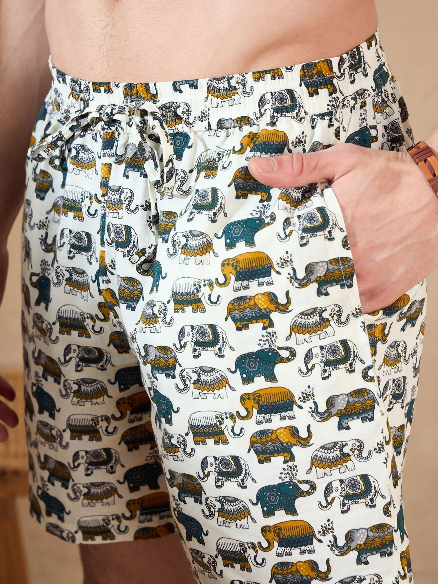 Men's Cream Block Printed Co-Ords