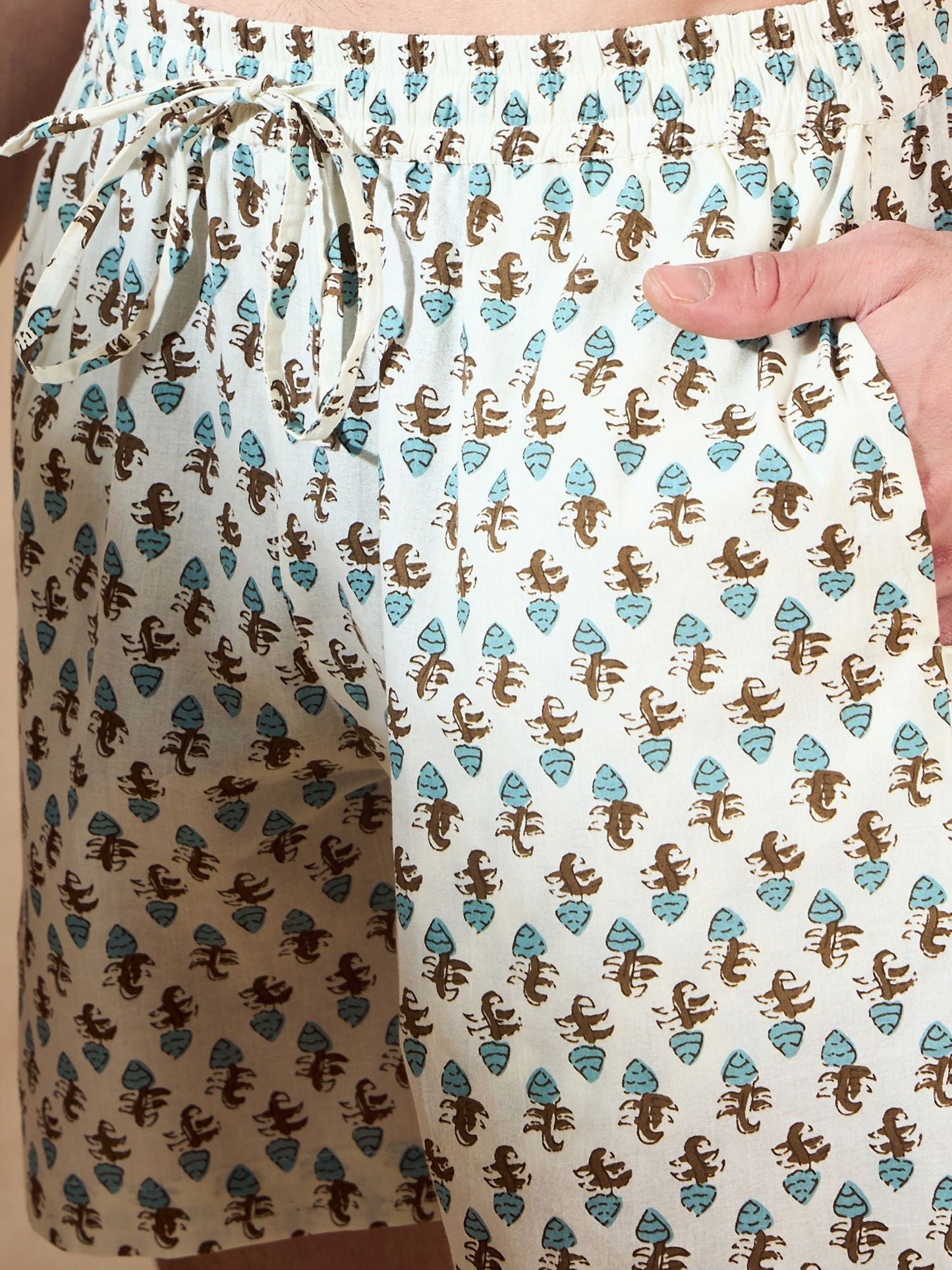 Men's Cream Block Printed Co-Ords