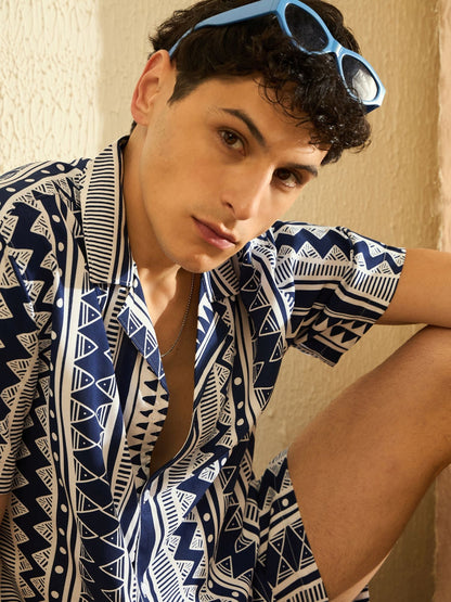 Men Navy Blue & White Comfort Fit Co-Ords