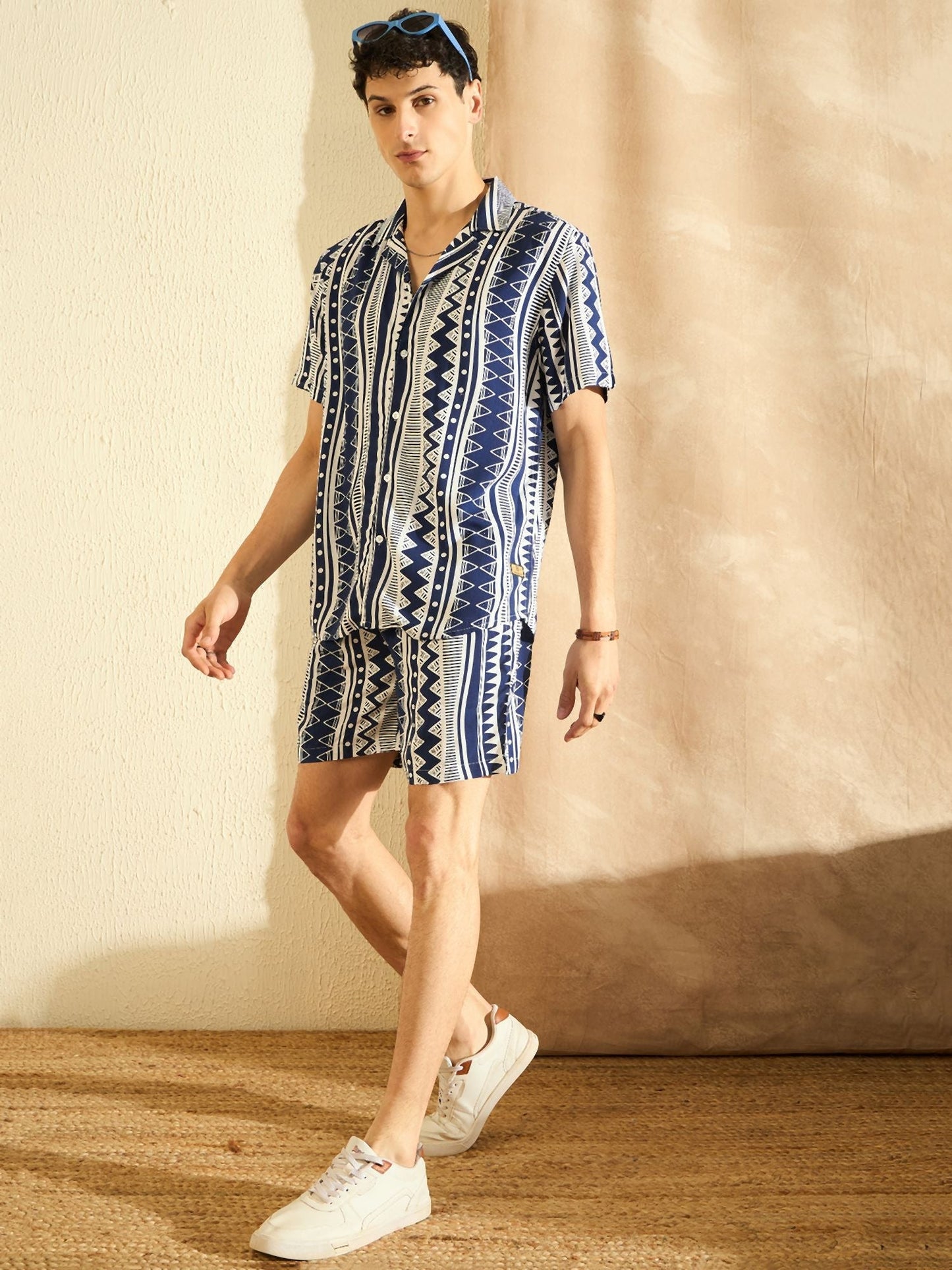 Men Navy Blue & White Comfort Fit Co-Ords