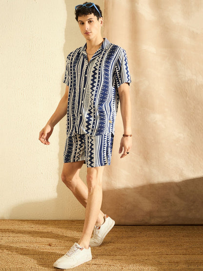 Men Navy Blue & White Comfort Fit Co-Ords