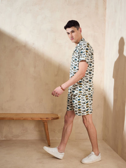Men's Cream Block Printed Co-Ords