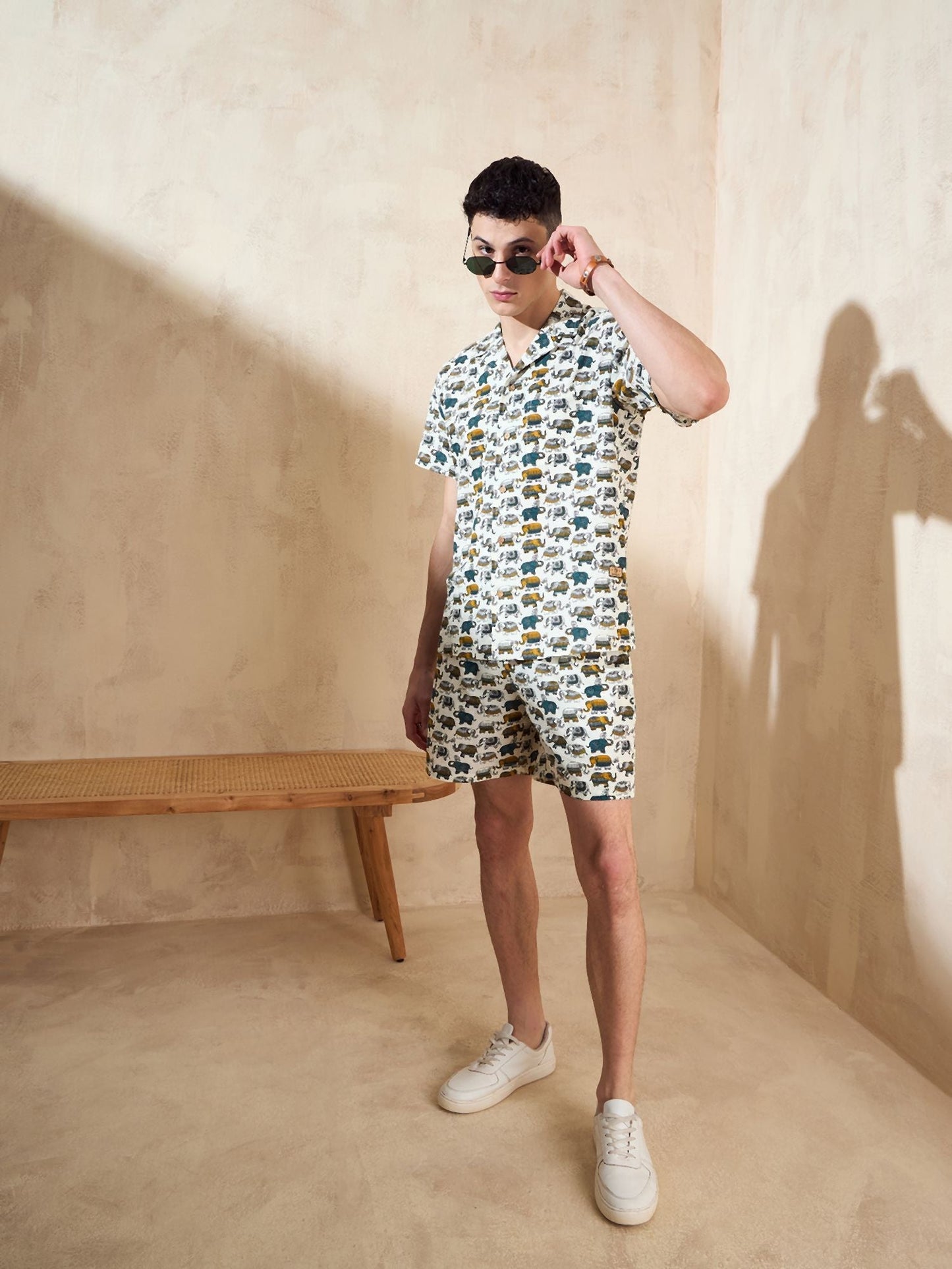 Men's Cream Block Printed Co-Ords