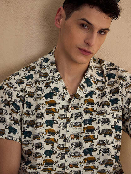 Men's Cream Block Printed Co-Ords