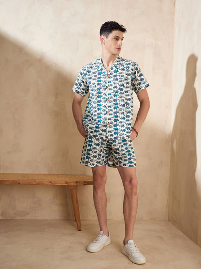 Men's Cream Block Printed Co-Ords