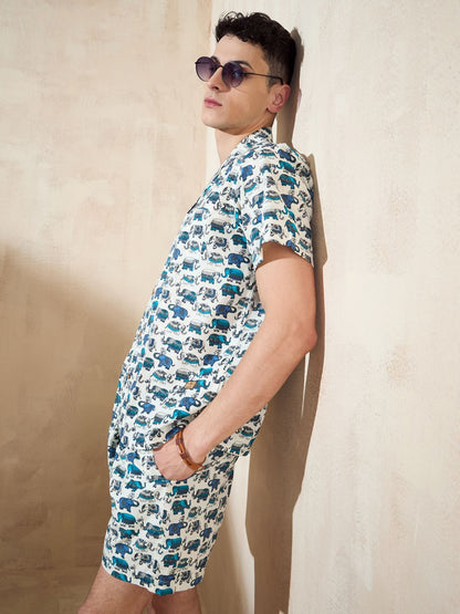 Men's Cream Block Printed Co-Ords