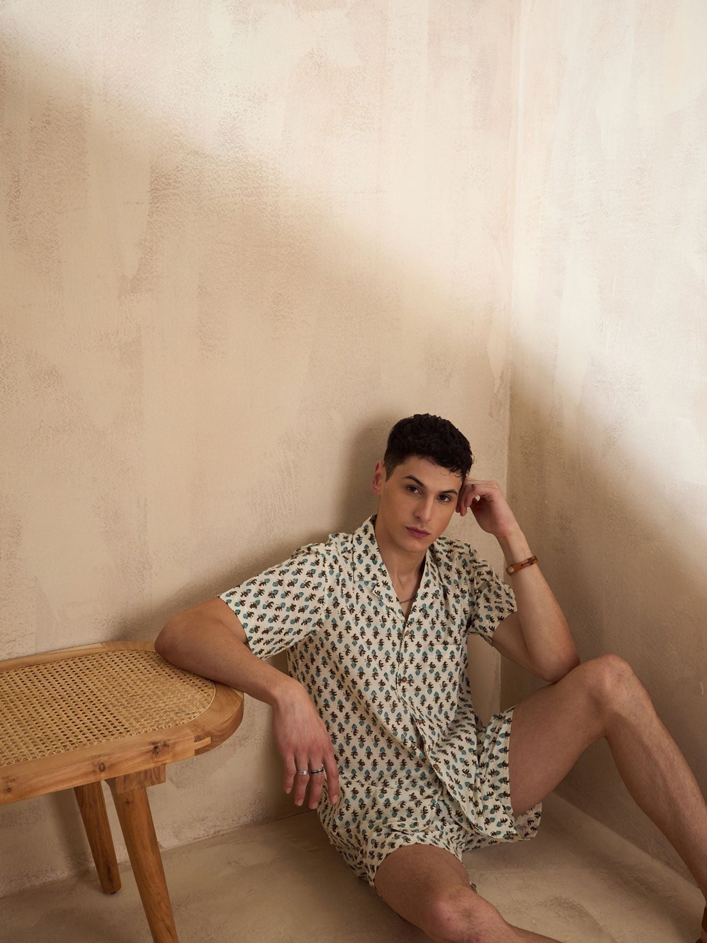 Men's Cream Block Printed Co-Ords