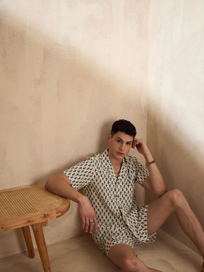 Men's Cream Block Printed Co-Ords