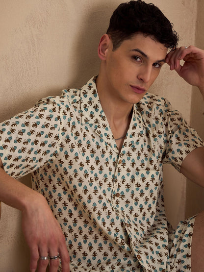 Men's Cream Block Printed Co-Ords