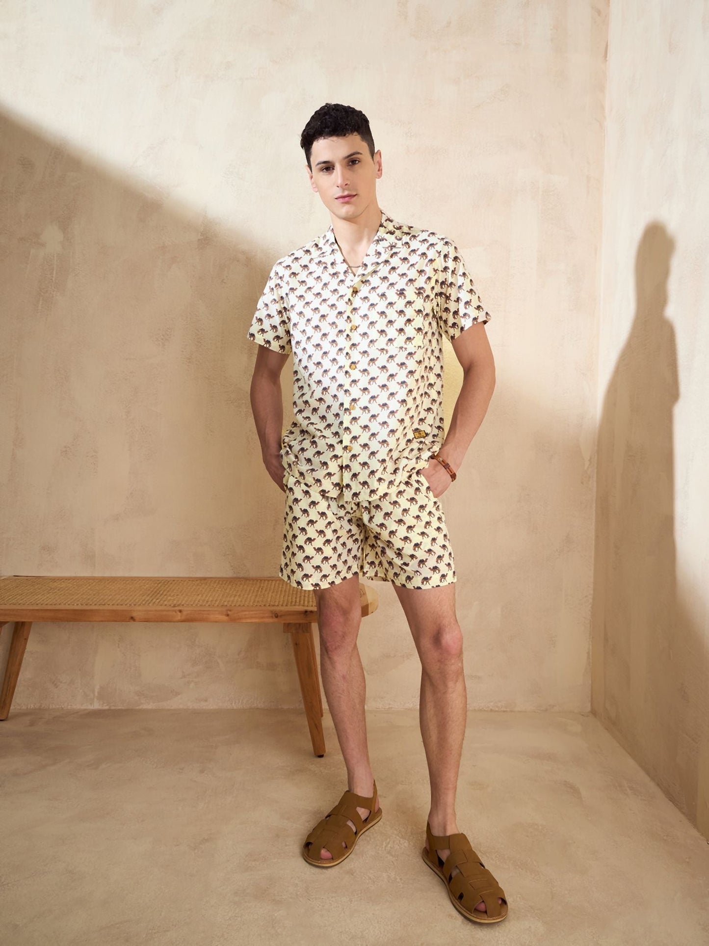 Men's Cream Block Printed Co-Ords