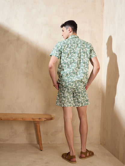 Men's Green Block Printed Co-Ords