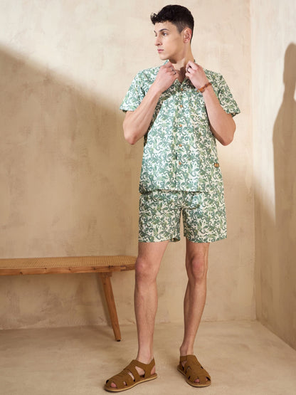 Men's Green Block Printed Co-Ords