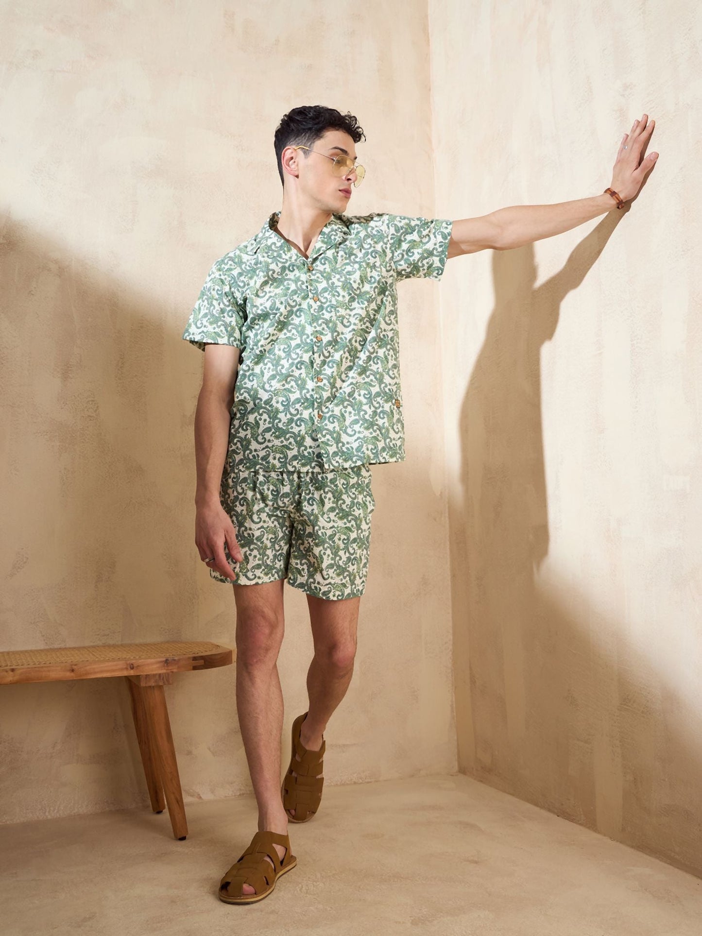 Men's Green Block Printed Co-Ords