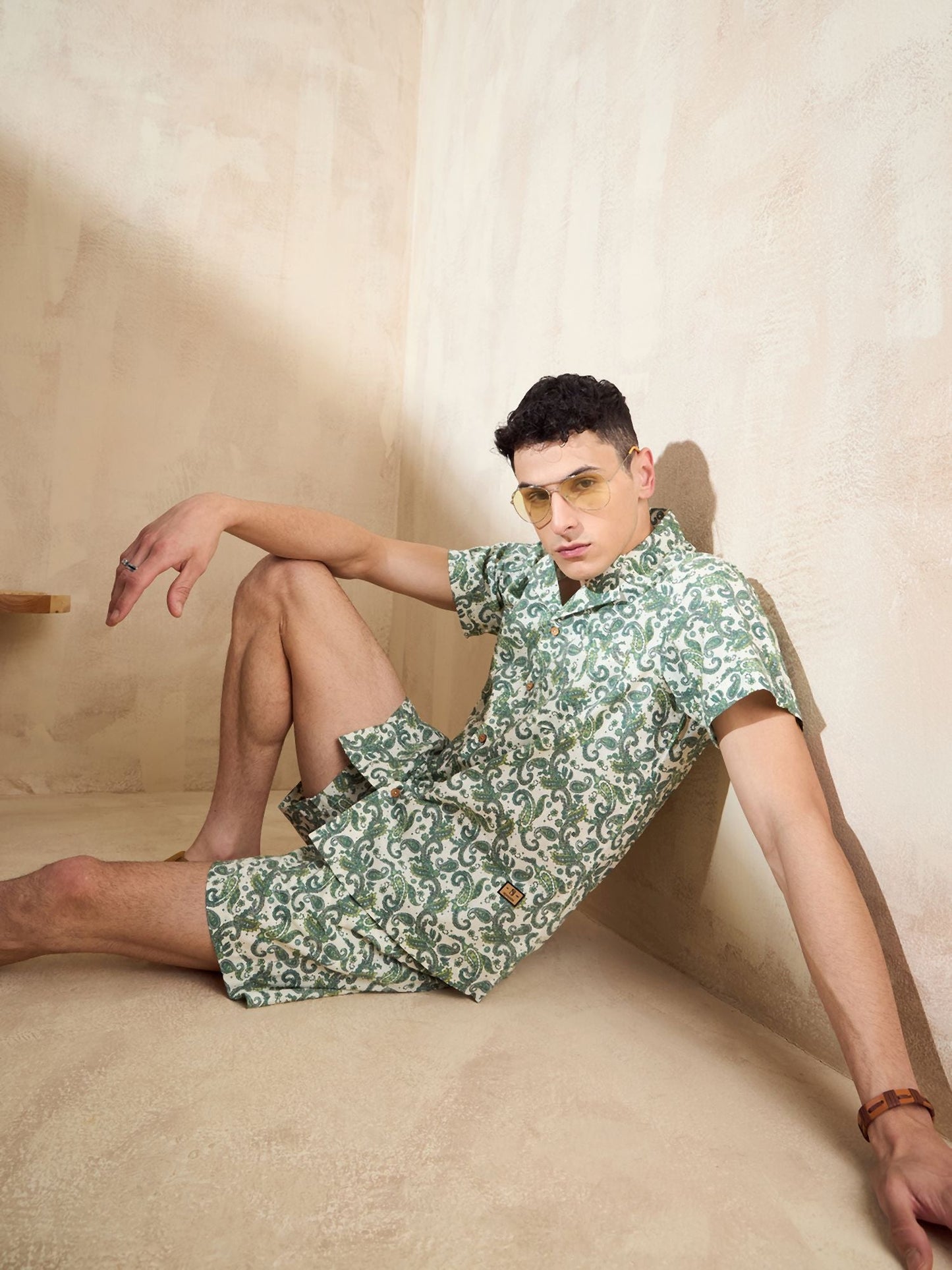 Men's Green Block Printed Co-Ords