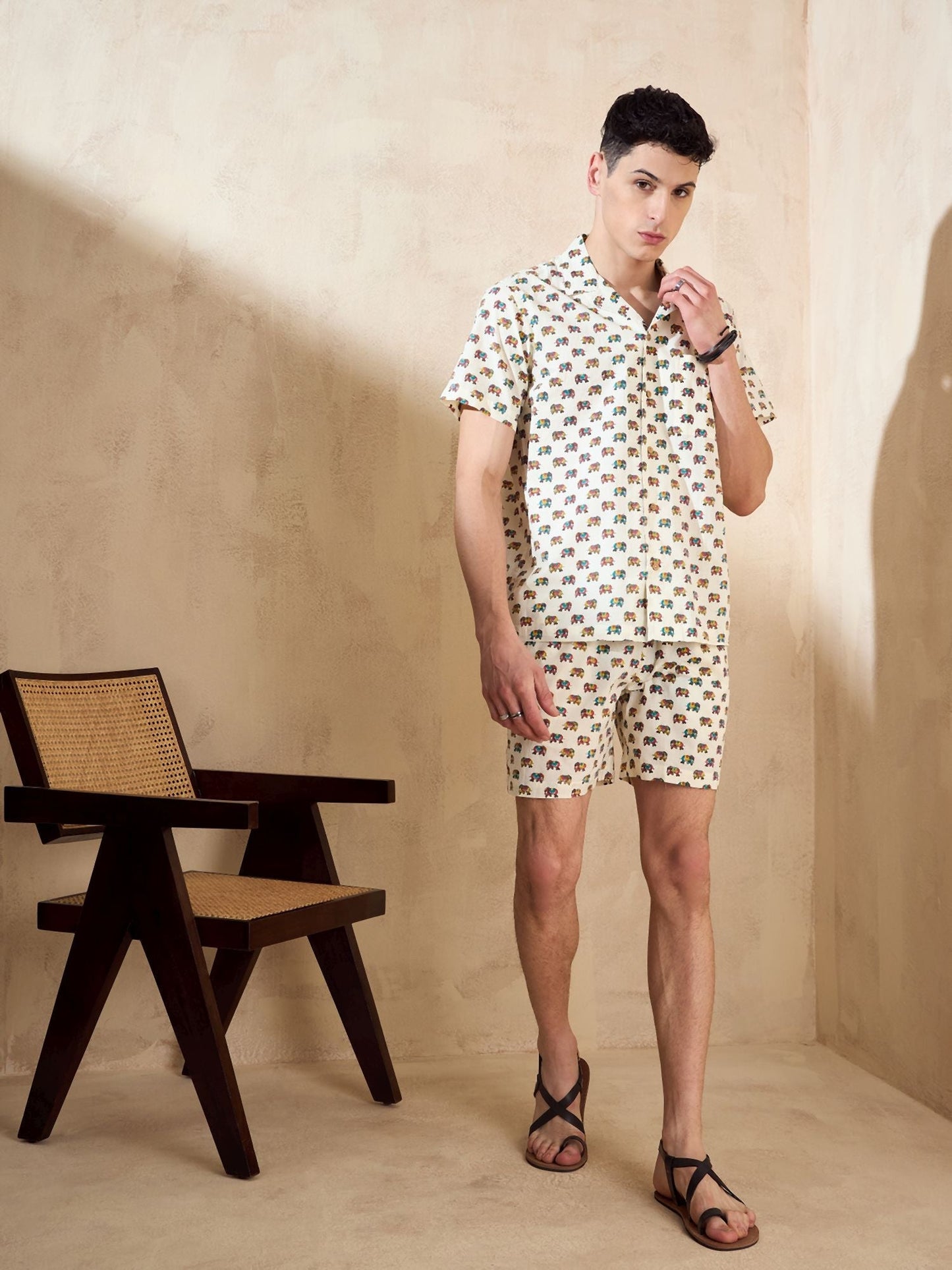 Men's Cream Block Printed Co-Ords