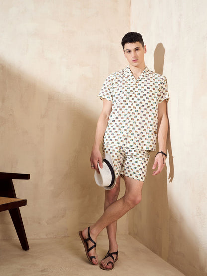 Men's Cream Block Printed Co-Ords