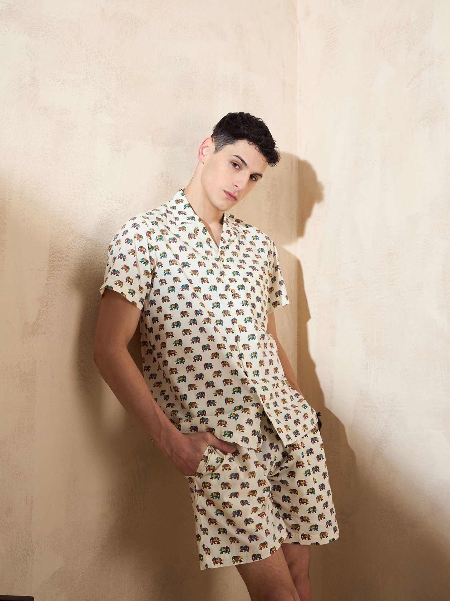 Men's Cream Block Printed Co-Ords