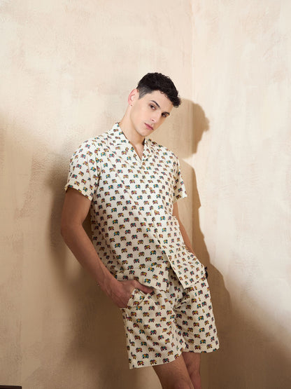 Men's Cream Block Printed Co-Ords