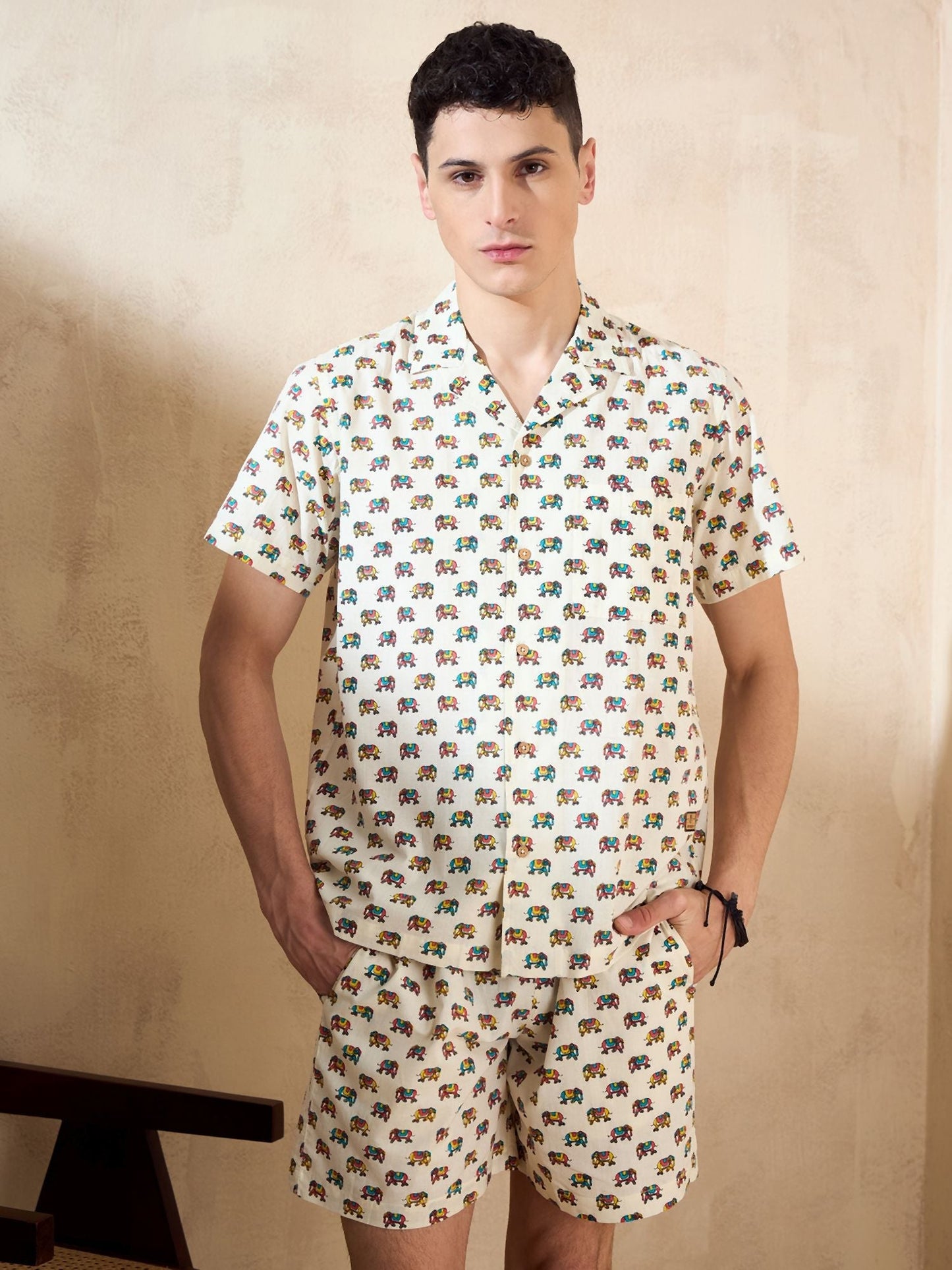 Men's Cream Block Printed Co-Ords