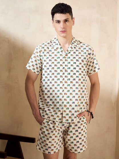 Men's Cream Block Printed Co-Ords