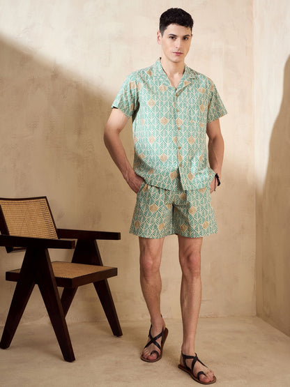Men's Green Block Printed Co-Ords