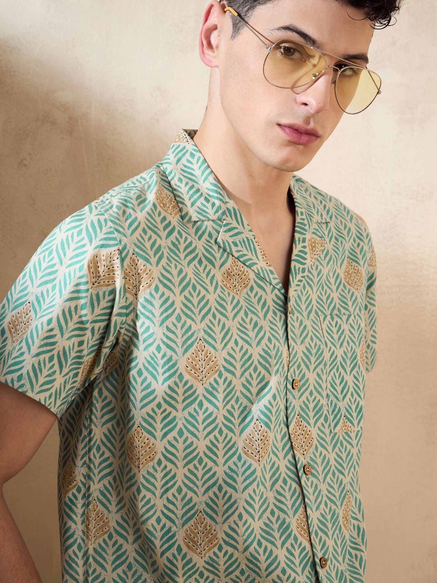 Men's Green Block Printed Co-Ords