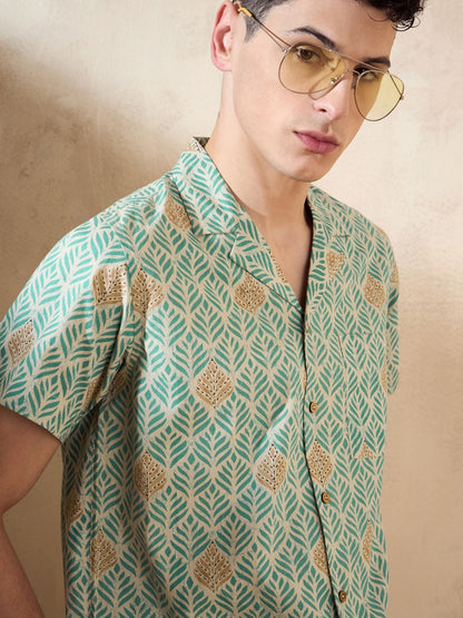 Men's Green Block Printed Co-Ords
