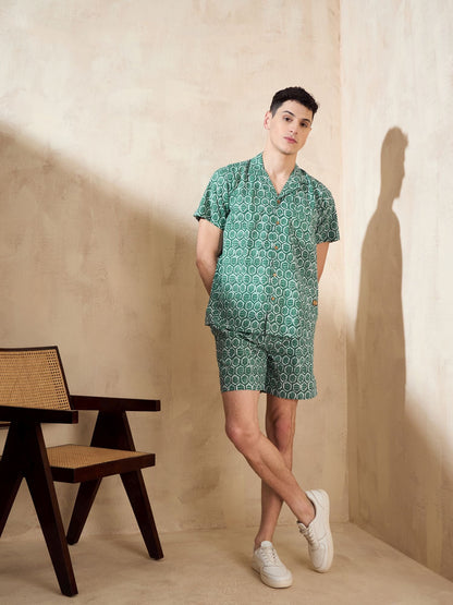 Men's Green Block Printed Co-Ords