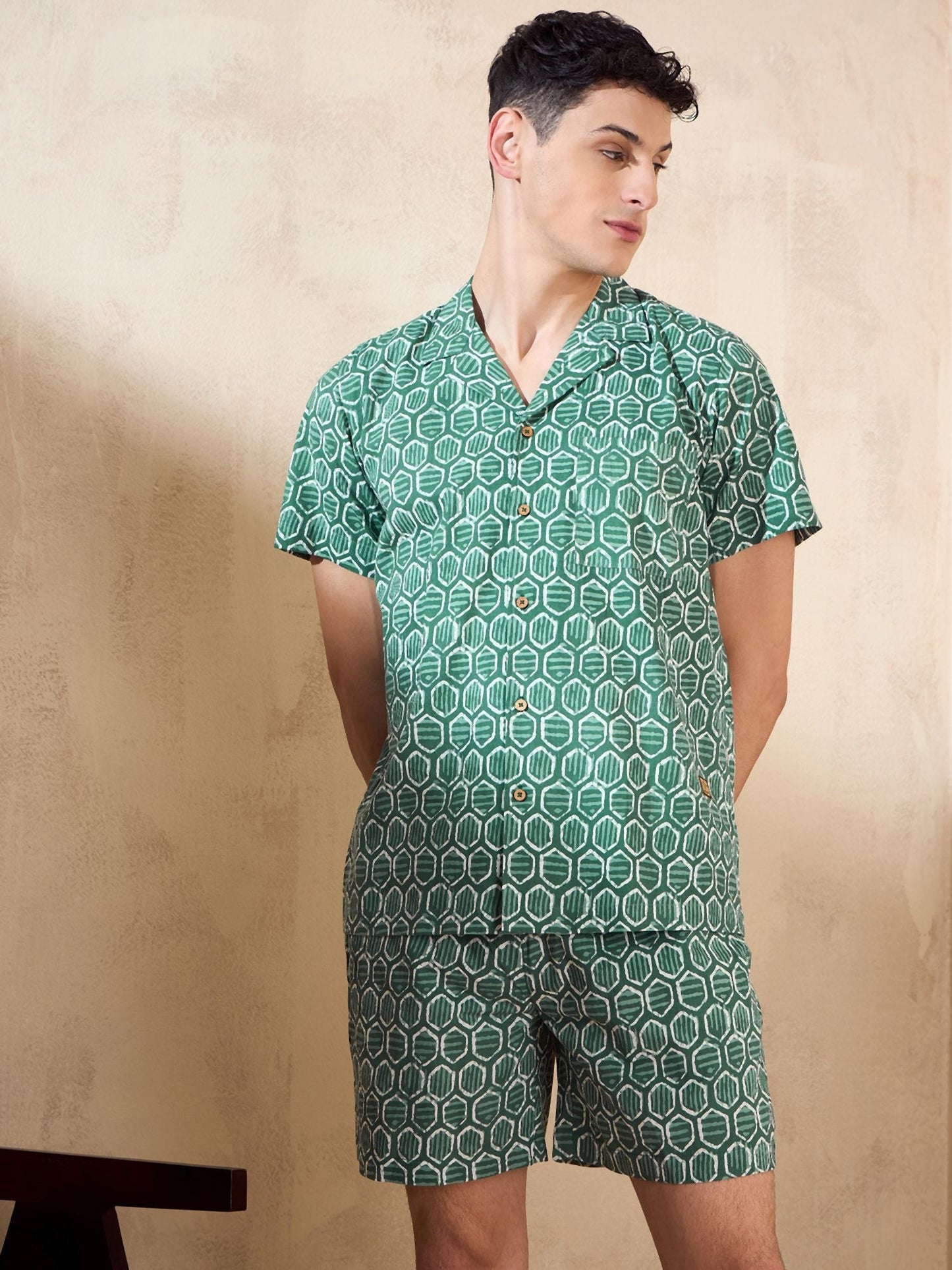 Men's Green Block Printed Co-Ords