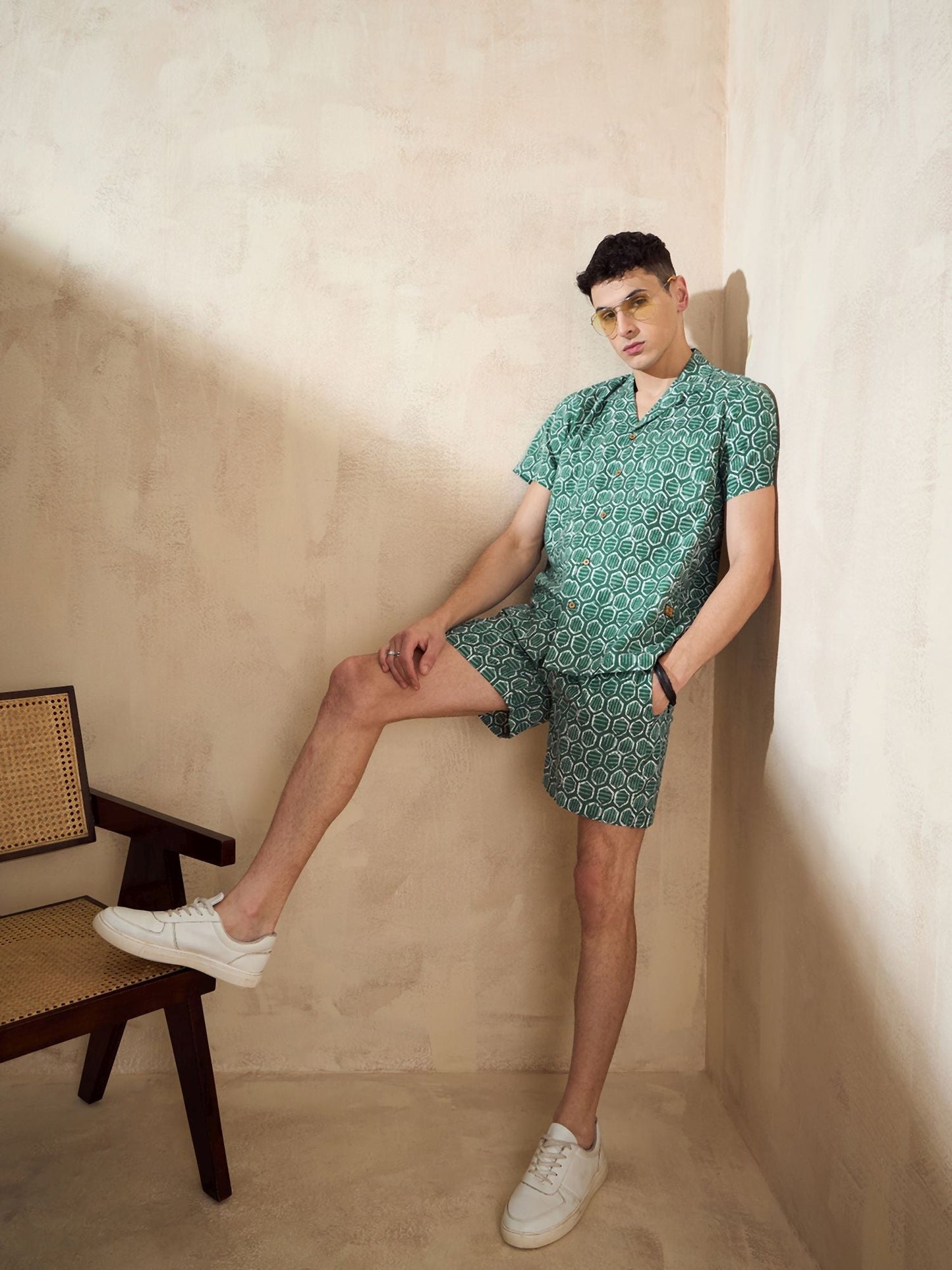 Men's Green Block Printed Co-Ords