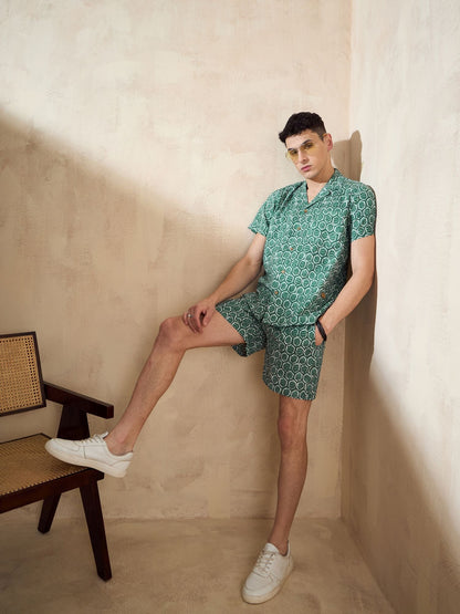 Men's Green Block Printed Co-Ords