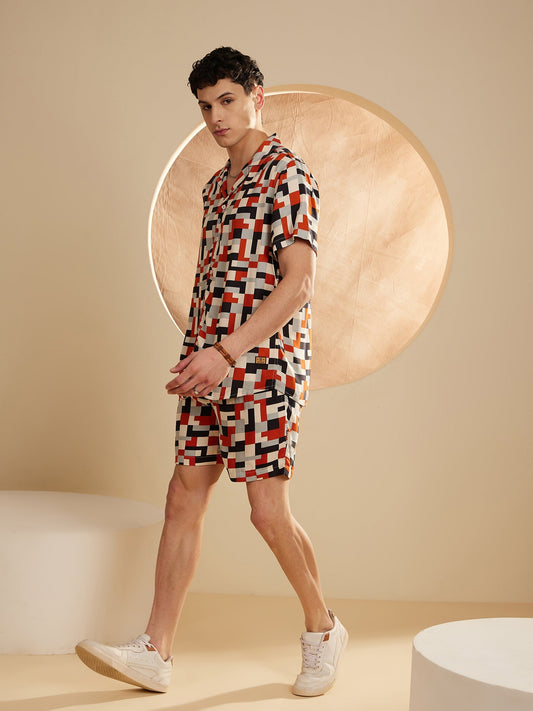 Men Cream & Orange Comfort Fit Co-Ords