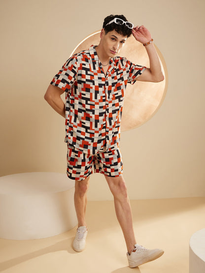 Men Cream & Orange Comfort Fit Co-Ords