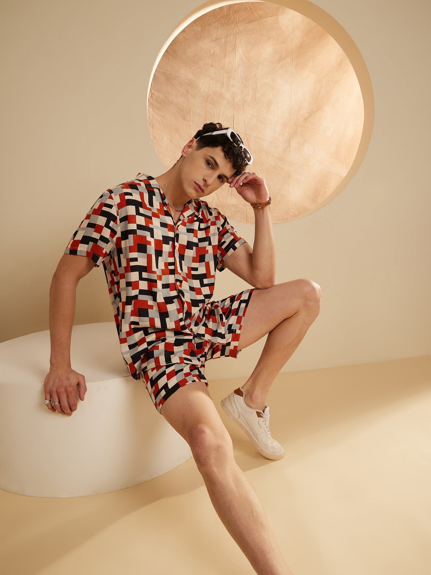 Men Cream & Orange Comfort Fit Co-Ords