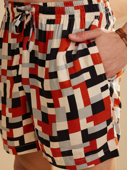 Men Cream & Orange Comfort Fit Co-Ords